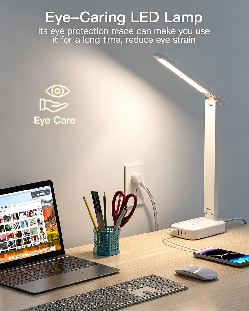 LED Desk Lamp, 10Ft Power Strip with 3 Outlets 4 USB Ports(2 USB C), White