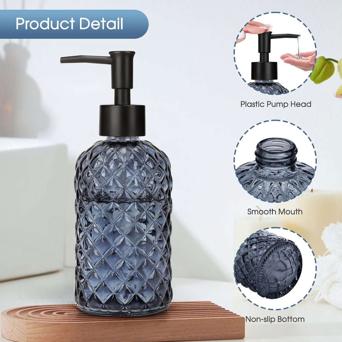 2 Pack Gem Glass Soap Dispenser with Black Plastic Pump, 13oz Liquid Hand Soap Dispenser, Rustproof Pump for Kitchen & Bathroom, Great for Lotions, Essential Oil, Liquid Soaps-Grayish Blue