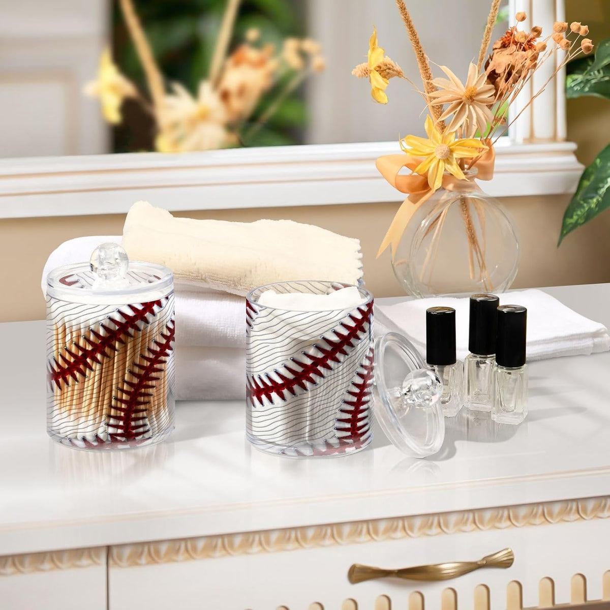 Sport Baseball Print 2 Pack Qtip Holder Dispenser Clear Plastic Apothecary Jar with Lid Bathroom Organizer Vanity Makeup Storage Containers for Cotton Ball, Cotton Swab, Floss