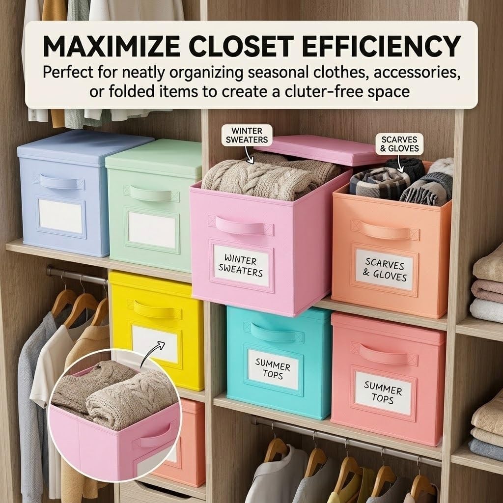 SUREMAX 11 Inch Cube Storage Organizer Bins with Lids, Labels, 6-Packs