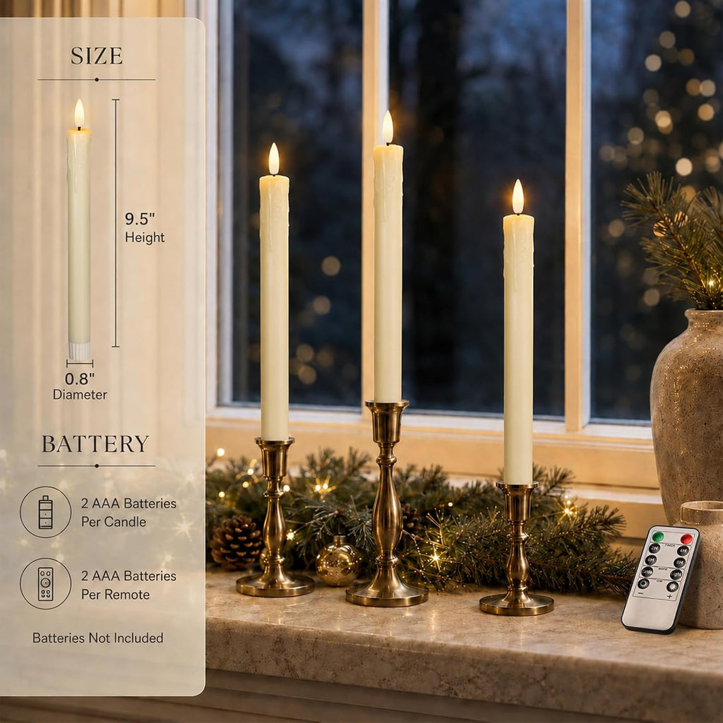 Lezonic Flameless Taper Candles with Remote Timer, Battery Operated Flickering LED Fake Candles for Dining Table Centerpiece Wedding Christmas Mantel Decor, 0.8 x 9.5 inch