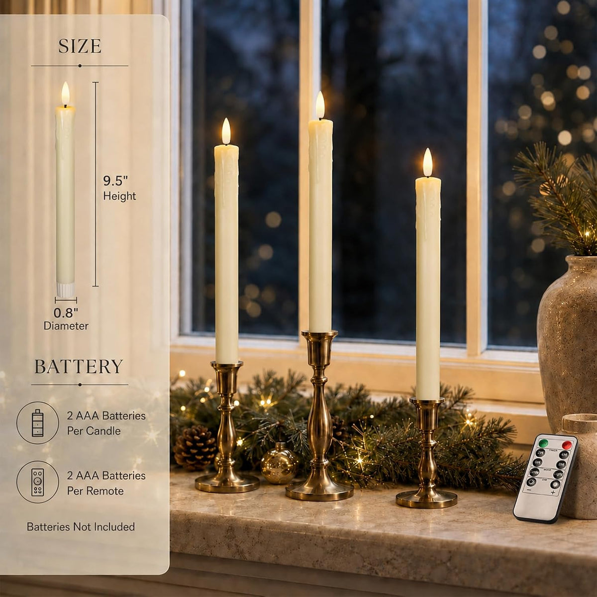 Lezonic Flameless Taper Candles with Remote Timer, Battery Operated Flickering LED Fake Candles for Dining Table Centerpiece Wedding Christmas Mantel Decor, 0.8 x 9.5 inch