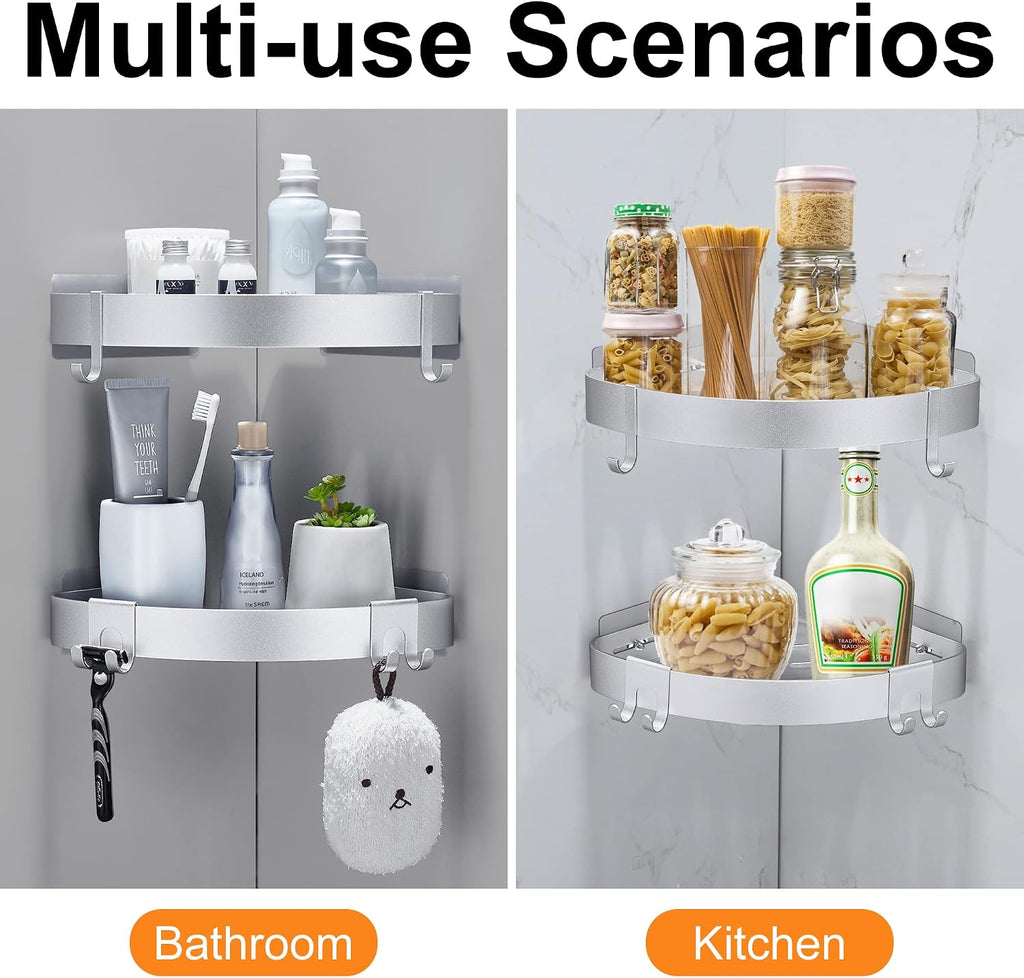 DUFU Adhesive Corner Shower Caddy with Hooks, Silver, 2 Pack