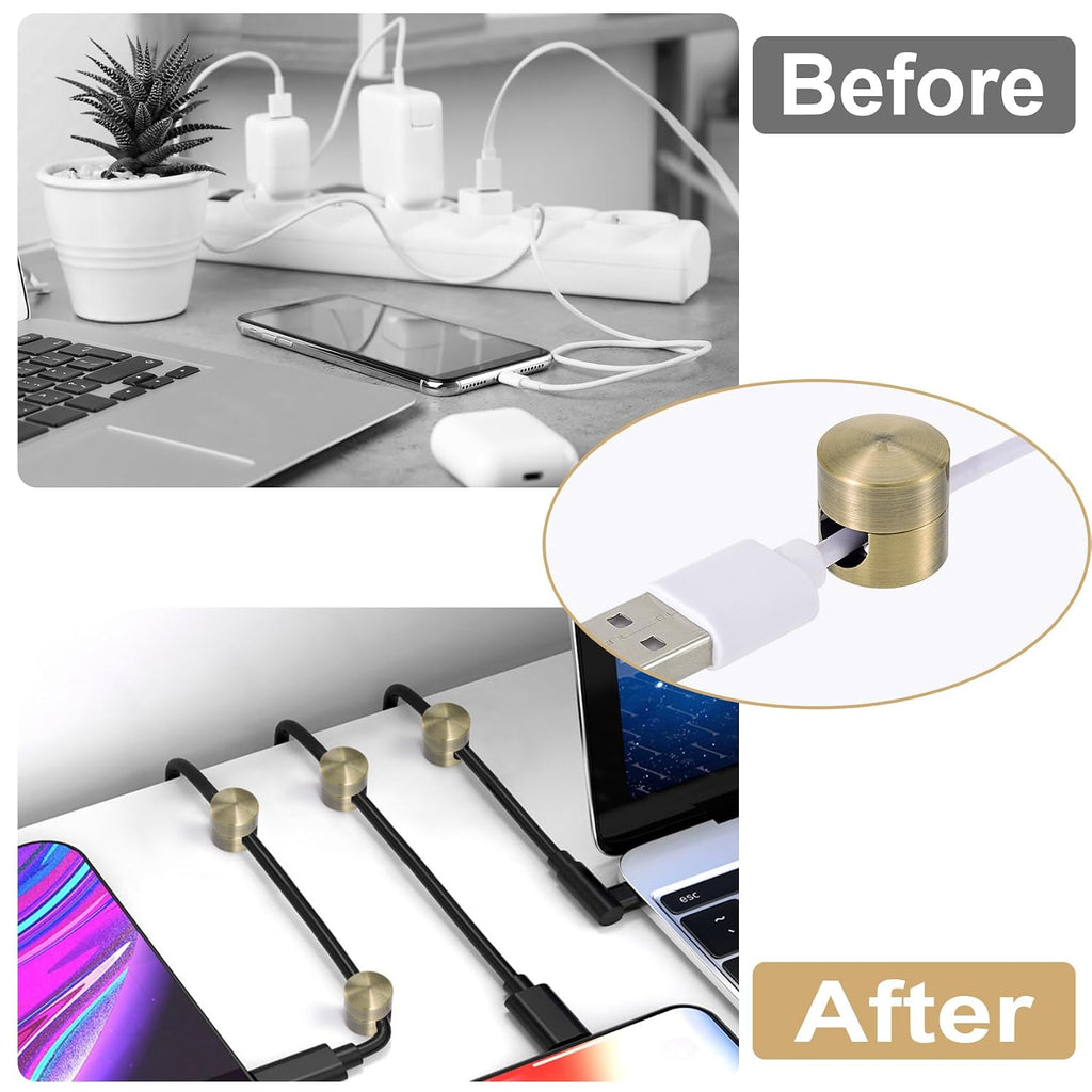 HINZIC 3Pack Cable Anchors for Desk, Metal Phone Cord Holder, Adhesive Wall Cord Clips, Copper Adjustable Wire Organizer Charger Management for Nightstand Office Home Desktop