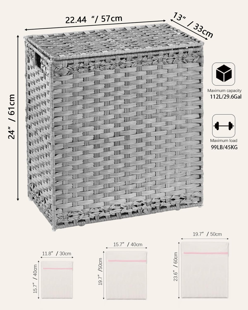 SETVSON Laundry Hamper with Lid Wicker Laundry Basket, 112L, Gray