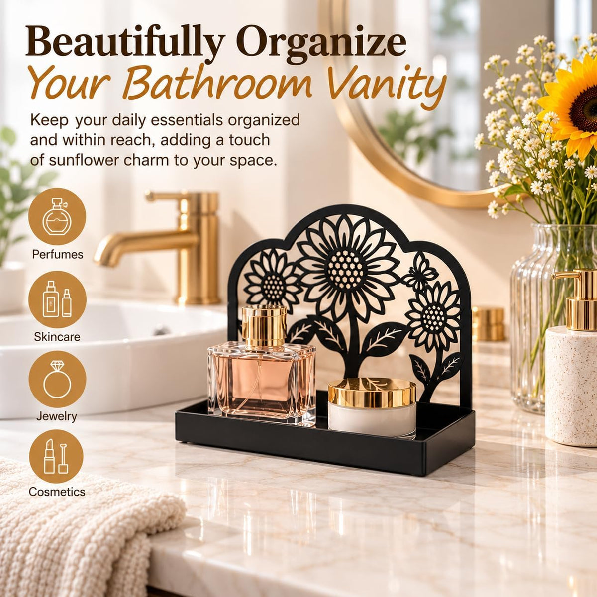 Sunflower Vanity Tray for Bathroom Countertop, Metal, 9" x 3.1", Black