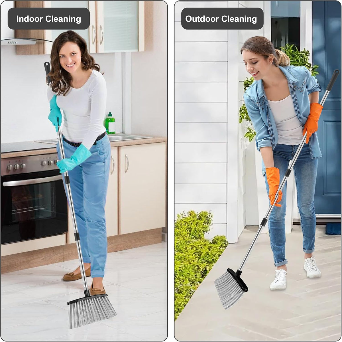 Broom and Dustpan Set, 51" Long Handle Broom with Dustpan Combo Set, Windproof Standing Dust pan with Self-Cleaning Teeth, Household Set Sweep Kitchen Office Lobby Pet Room