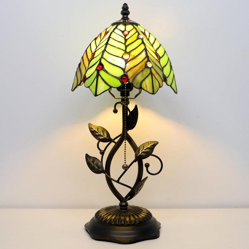 Tiffany Style Stained Glass Table Lamp Green Coconut Leaves 18 Inch