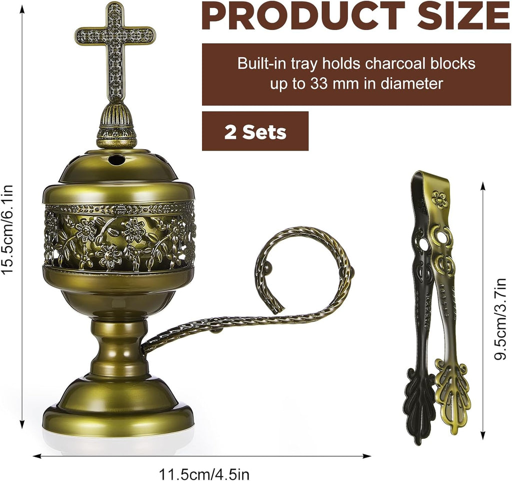 Zonon 2 Sets Incense Burner with Tong, Bronze, Classic