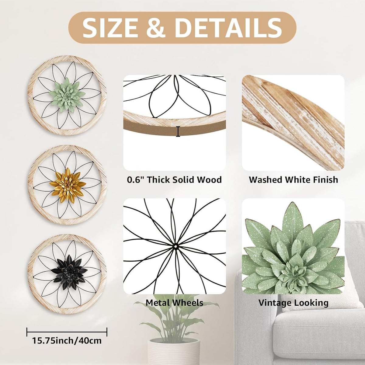 Paquesta 3 Piece Round Farmhouse Wall Decor with 6 Piece Interchangeable Flowers 15.75'' Medallion Wood & Metal Rustic Wall Art for Living Room Bedroom Kitchen Bathroom Dining Room Home Decorations (large black wheel)