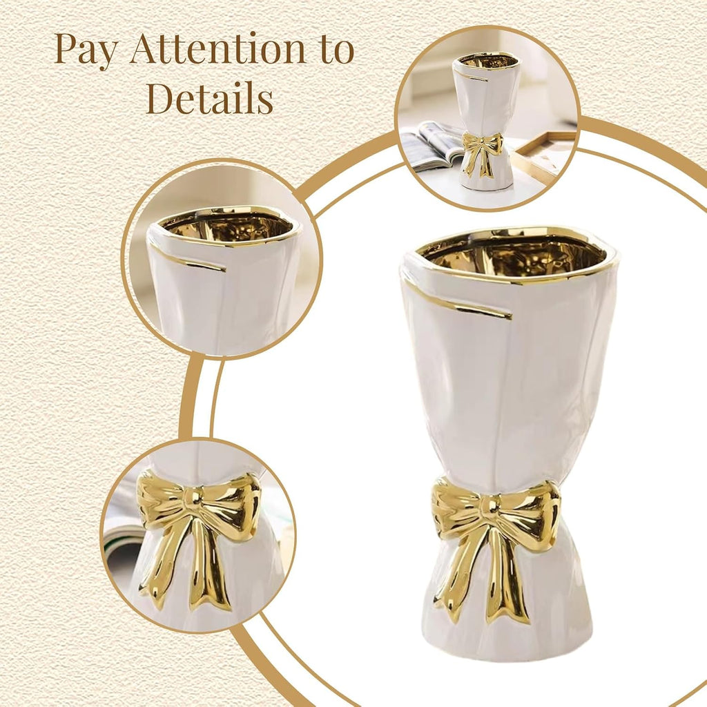 White and Gold Vase, Bow Vase for Home Decor