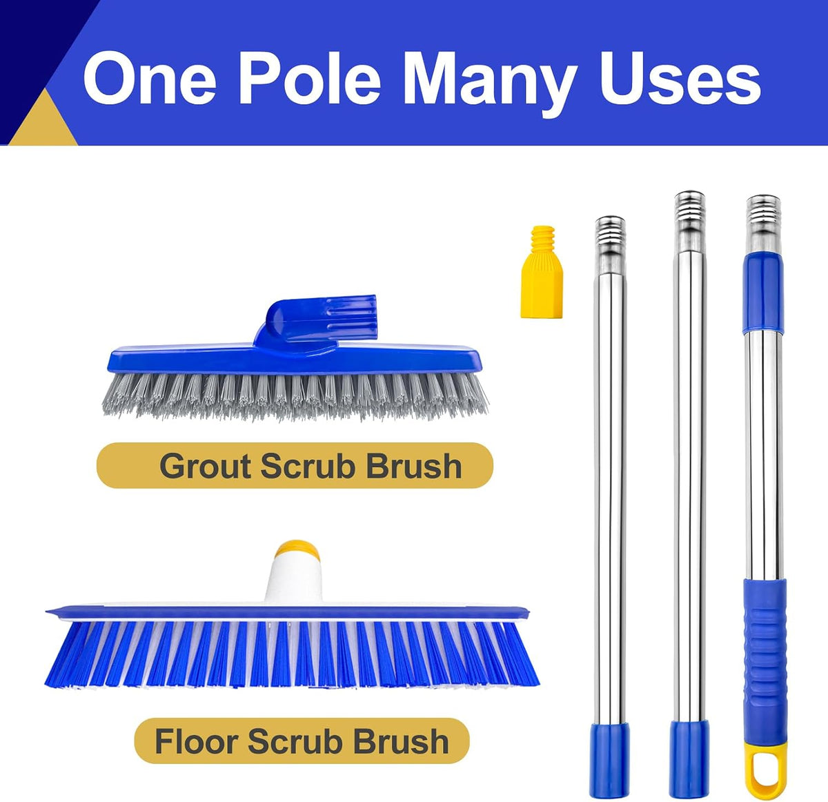 12" Wide Floor Scrub and Grout Brush Set With Long Extendable Handle - Stiff Bristle Heavy Duty Cleaner for Tile, Deck, Garage, Kitchen, Bathroom