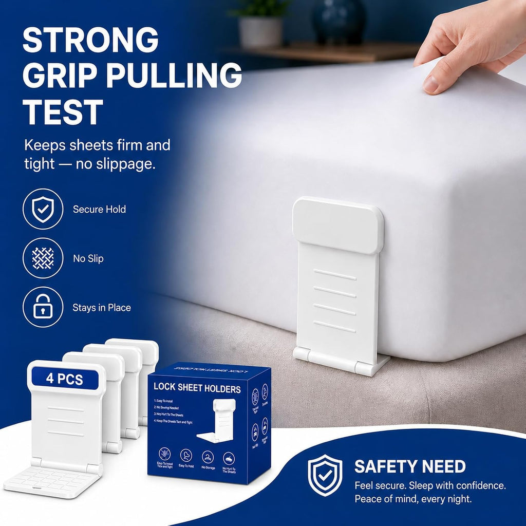 4-Pack Bed Sheet Holders, No-Metal Locking Corner Grippers