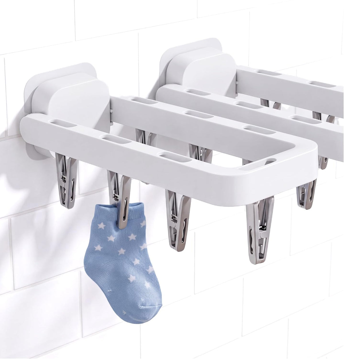 Wall Mounted Drying Rack with 7 Hidden Clips for Socks&Underwear-White2Pack