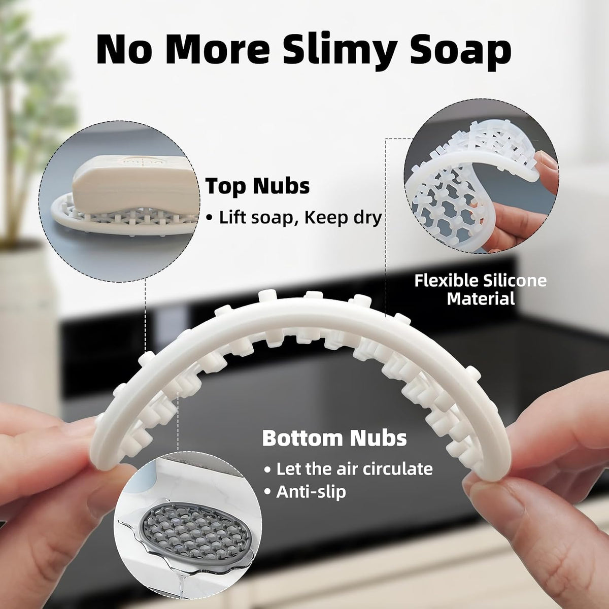 4 Pack Soap Dish for Shower, Non-Slip Silicone Bar Soap Holder with Efficient Drainage Holes for Bathroom Sink, Self Draining Soaps Saver Pad for Shower Niche, Shelf (White- 4Pcs)