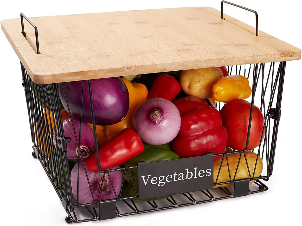 Stackable Wire Baskets with Bamboo Lids for Kitchen Pantry Storage