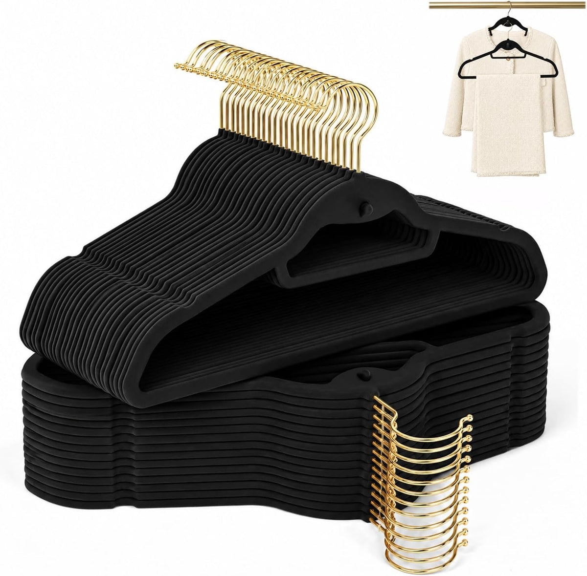 Black Velvet Hangers 50 Pack with Stackable Cascading Gloden Hook