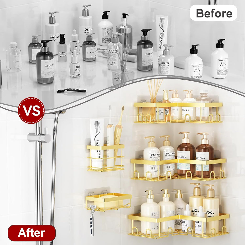 Liuoud Corner Shower Caddy, 5 Pack Adhesive Stainless Steel Organizer, Gold