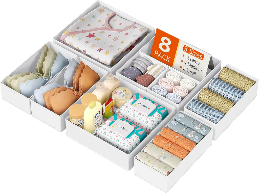 DIMJ Drawer Organizer Clothes, 8 Pack Dresser Organizer, Foldable Closet Organizers and Storage, Fabric Dresser Bins, Drawer Dividers for Nursery, Baby Clothes, Underwears, Sock (white)