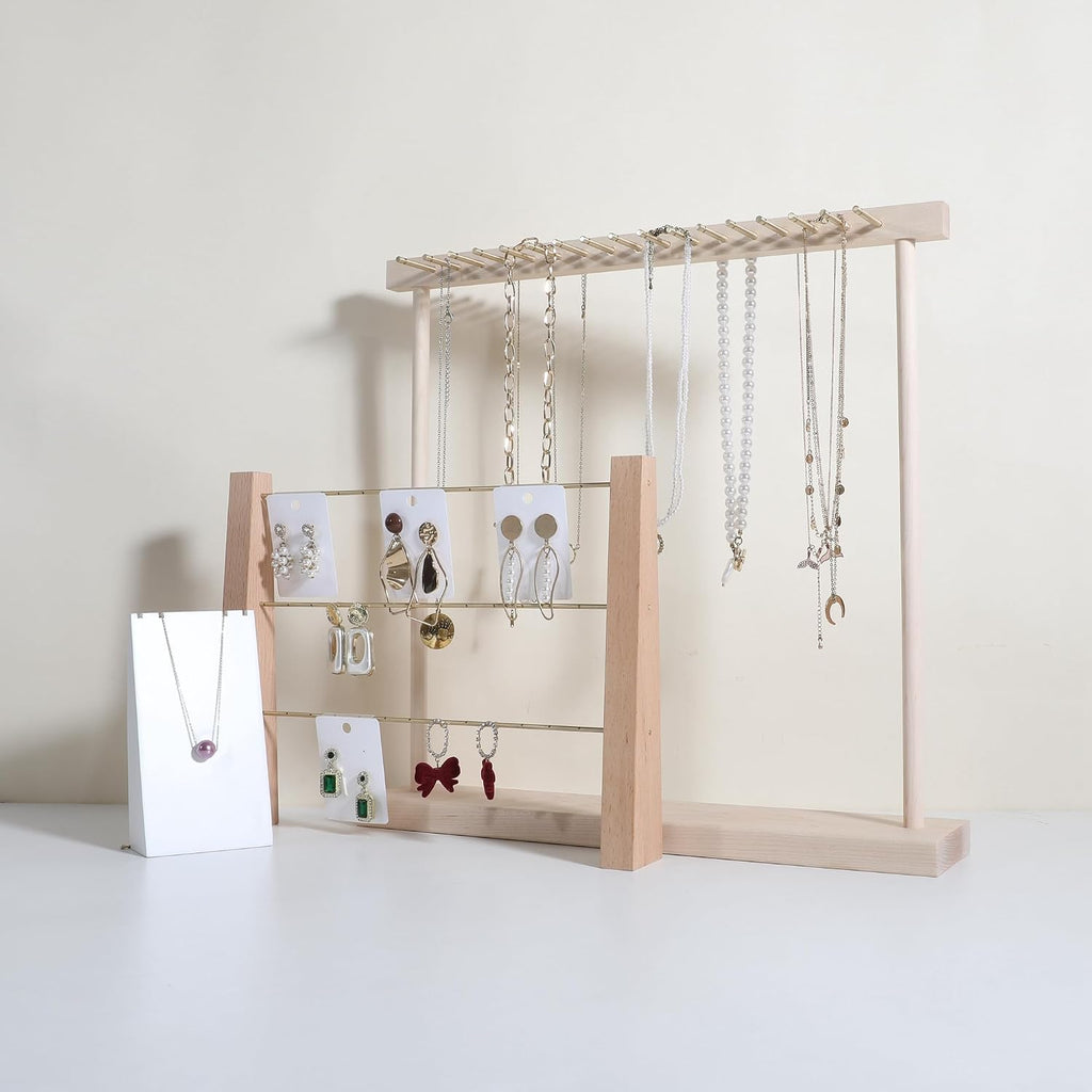 Large necklace hanger shelf with 17 copper bars, Wooden jewelry storage organizer rack for hanger necklace bracelet, necklace display stand for boutique store【Marple】