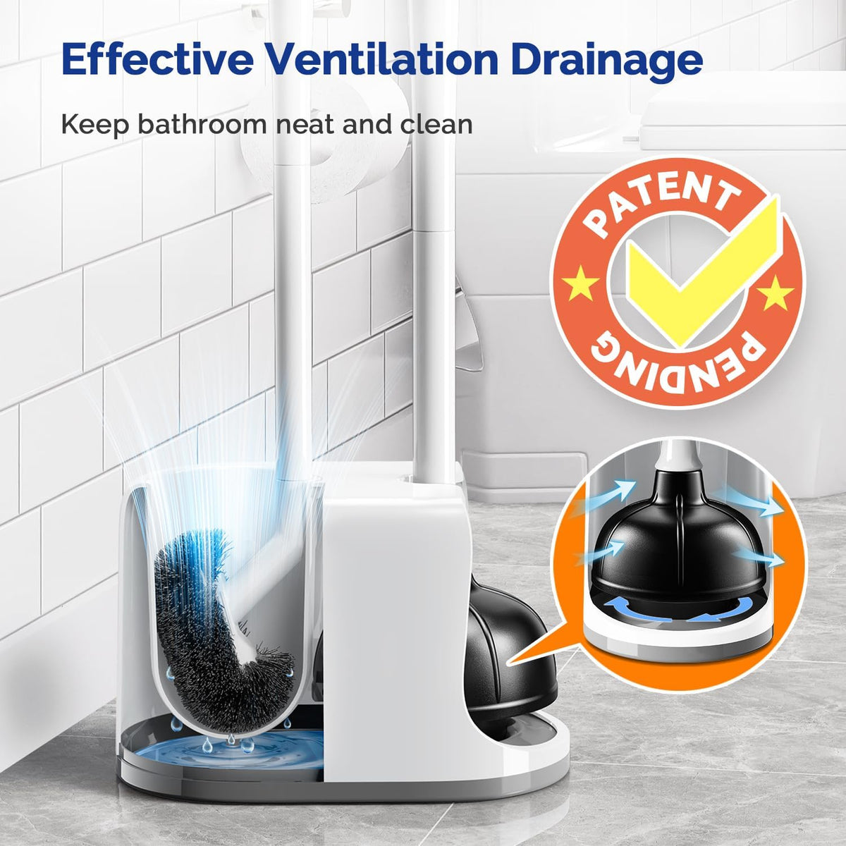 HAMITOR Toilet Plunger Brush Set: Curved Bristles Design for Deep Cleaning
