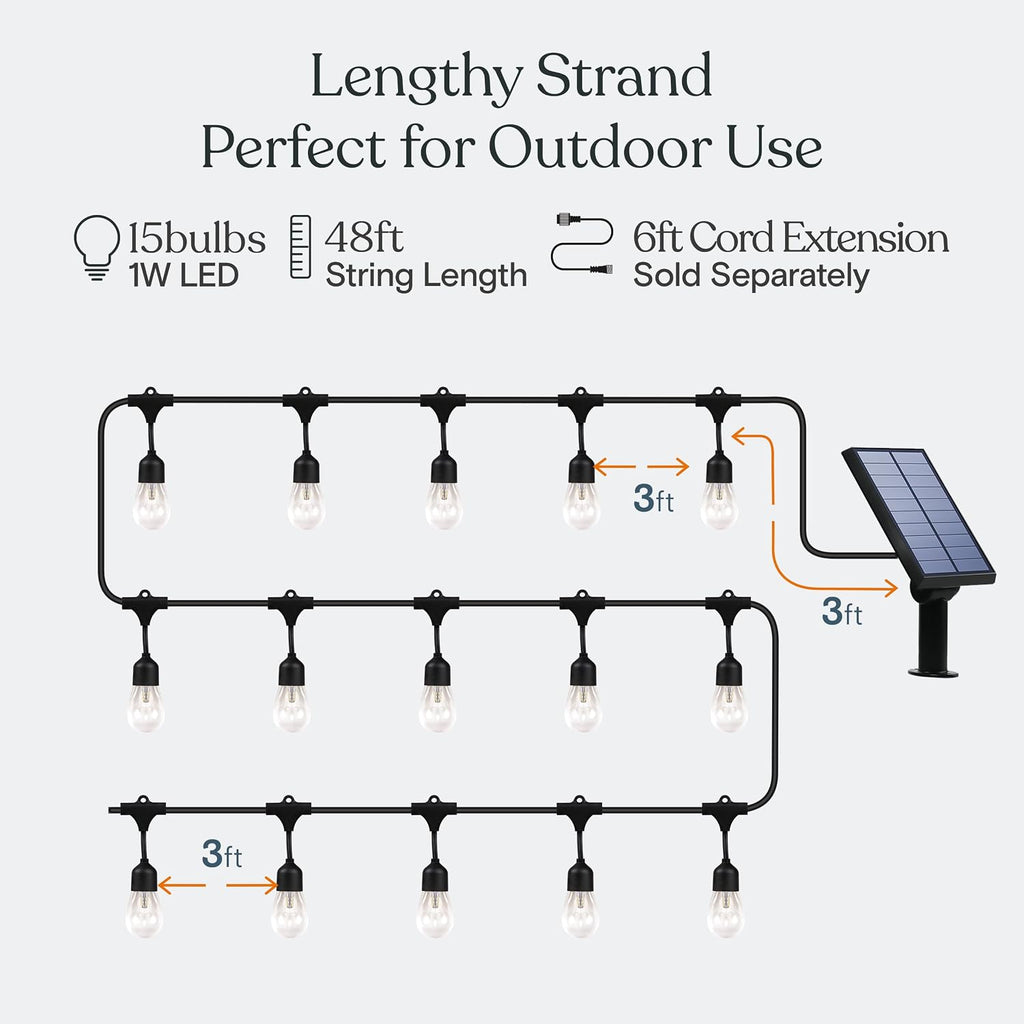 Brightech Ambience Pro - 48 Ft Waterproof, Solar Power Outdoor String Lights - 1W LED Hanging Edison Bulbs Create Bistro Ambience in Your Yard - Commercial Grade, Shatterproof - 15 Lights, Soft White