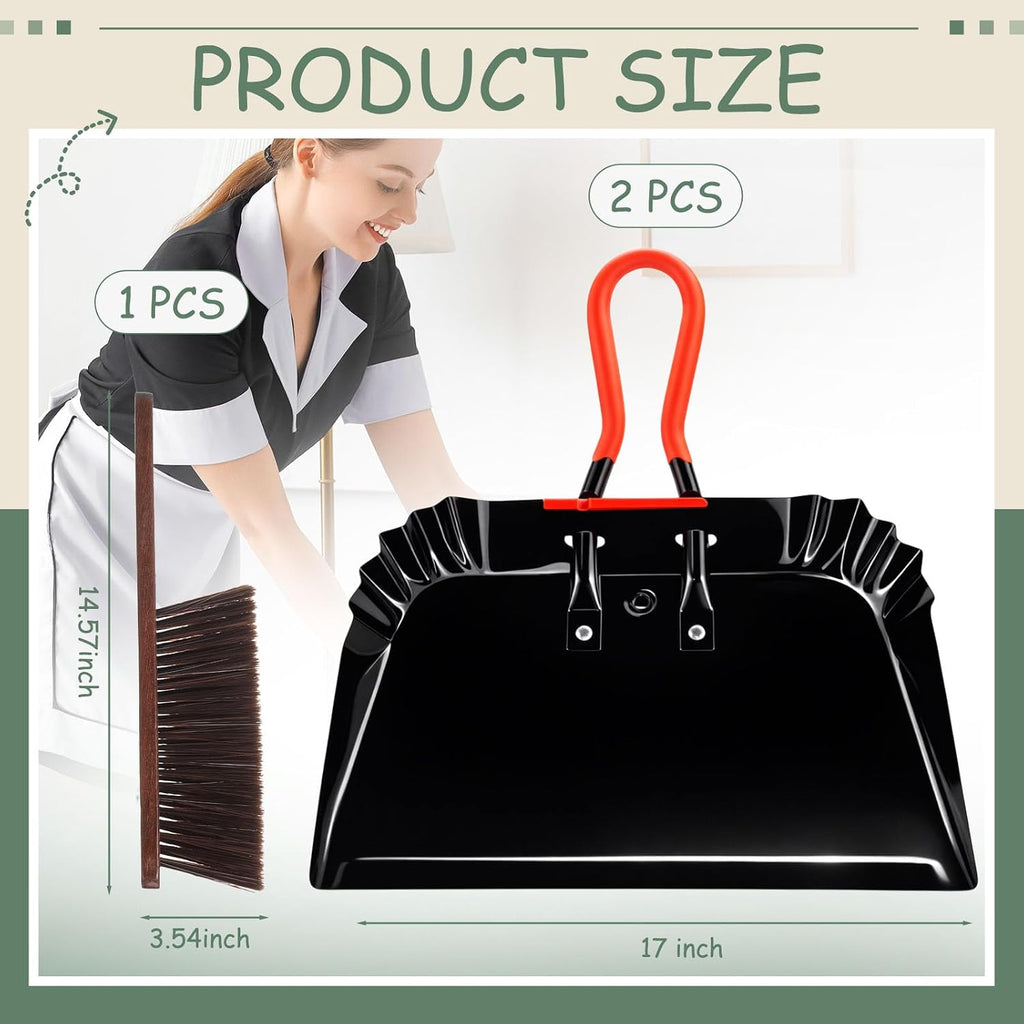 2 Metal Dustpans with Hand Brush, 17 Inch Heavy Duty Cleaning Set, Black