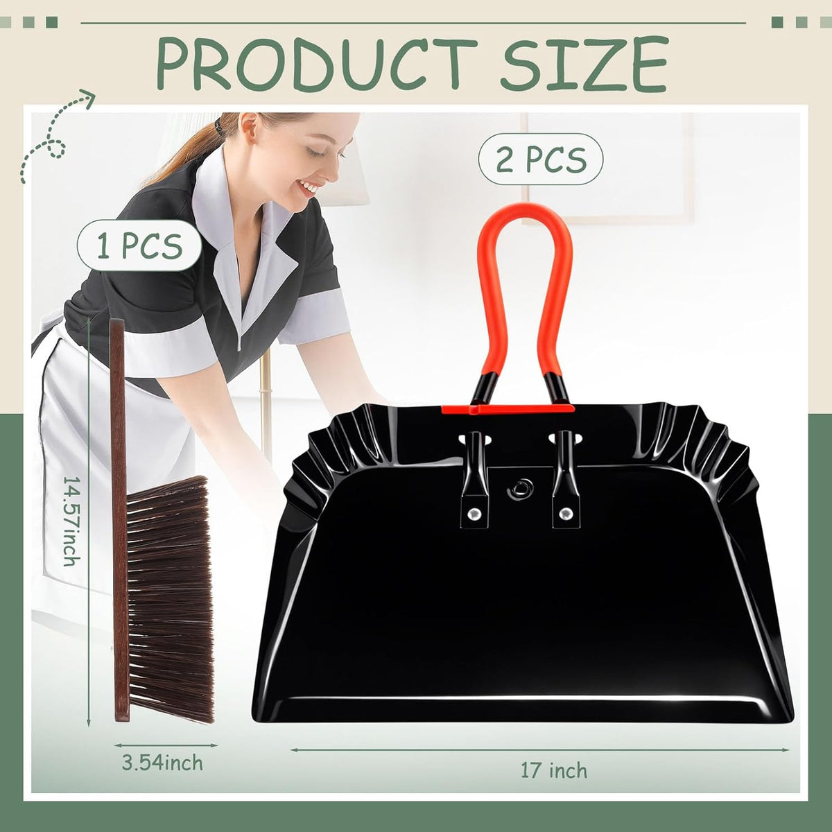 2 Metal Dustpans with Hand Brush, 17 Inch Heavy Duty Cleaning Set, Black