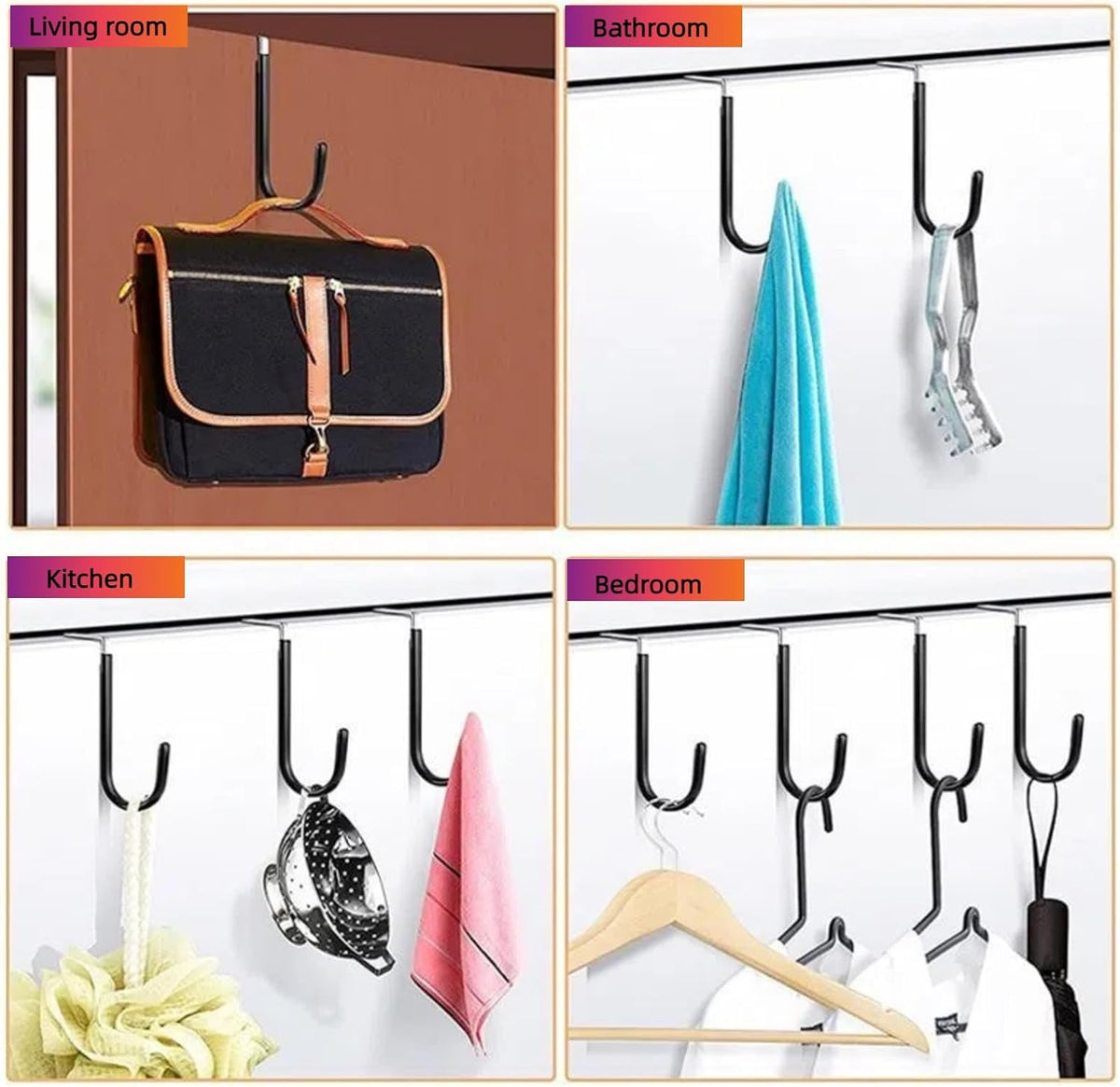 Over The Door Hooks, Door Hangers Hooks,Extra Long 5" Rustproof Organizer Hook with Soft Rubber Padding, No-Scratch Design for Towels, Robes, Coats, Bags (6 Pack White)