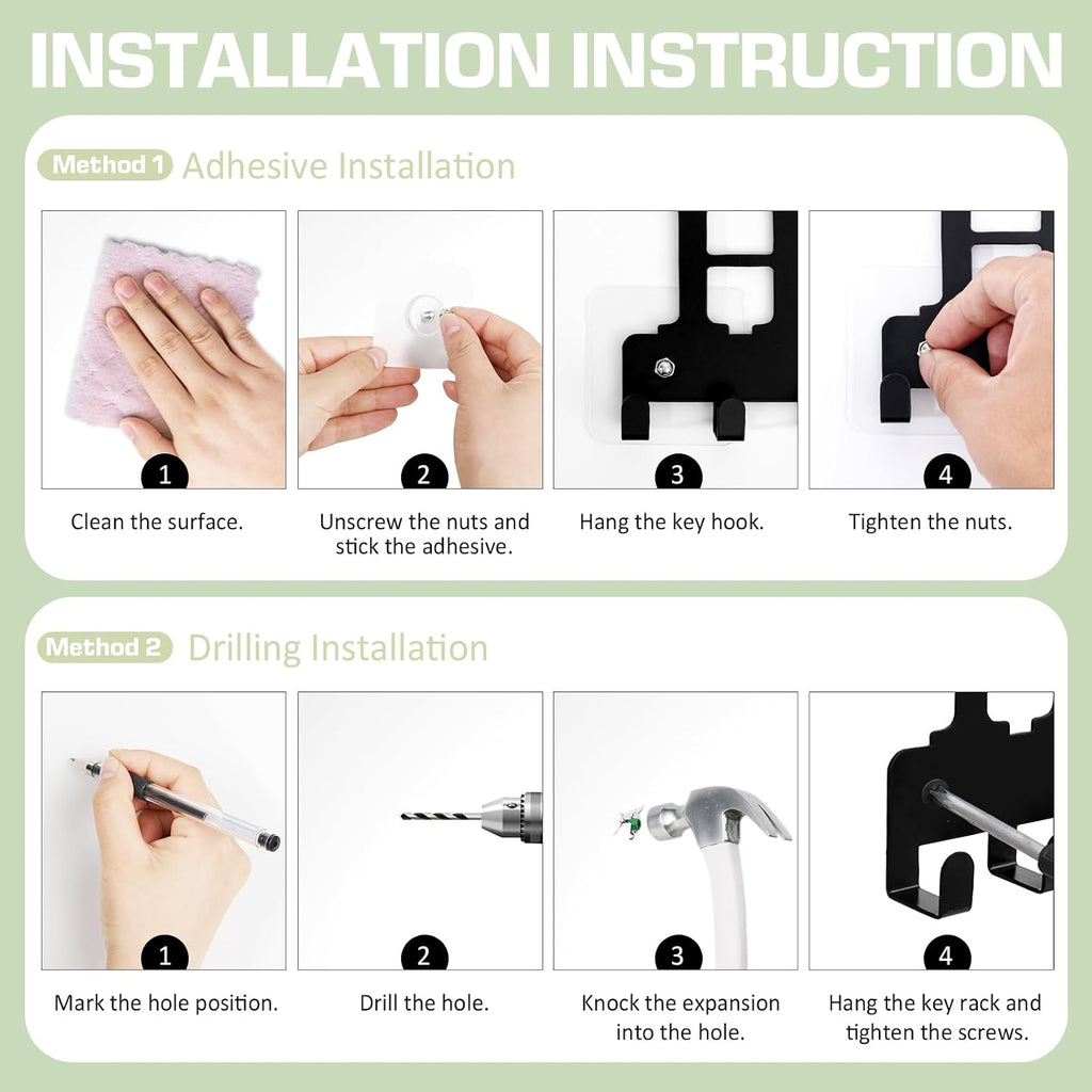 Key Holder Wall Mount, Adhesive Key Hanger with 10 Hooks, Black