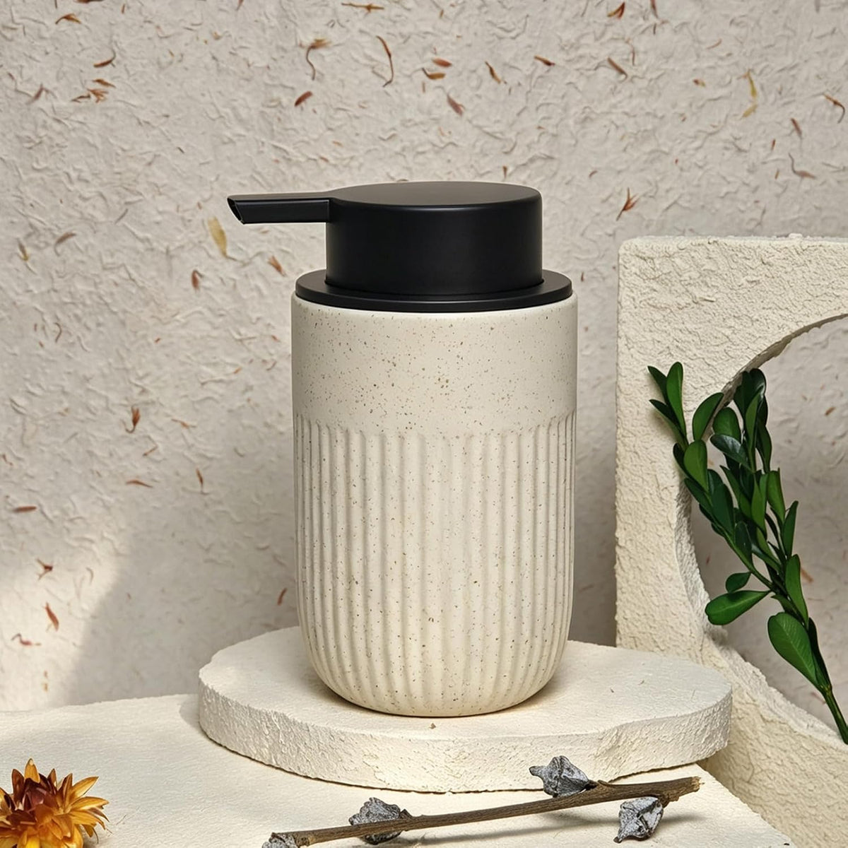 Beige Ceramic Foaming Soap Dispenser for Bathroom Countertop 13oz