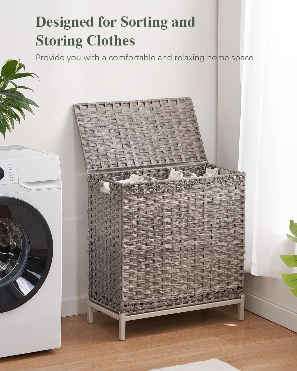 SETVSON Laundry Hamper with Lid, 35 Gal 3-Bag Clothes Sorter, Gray