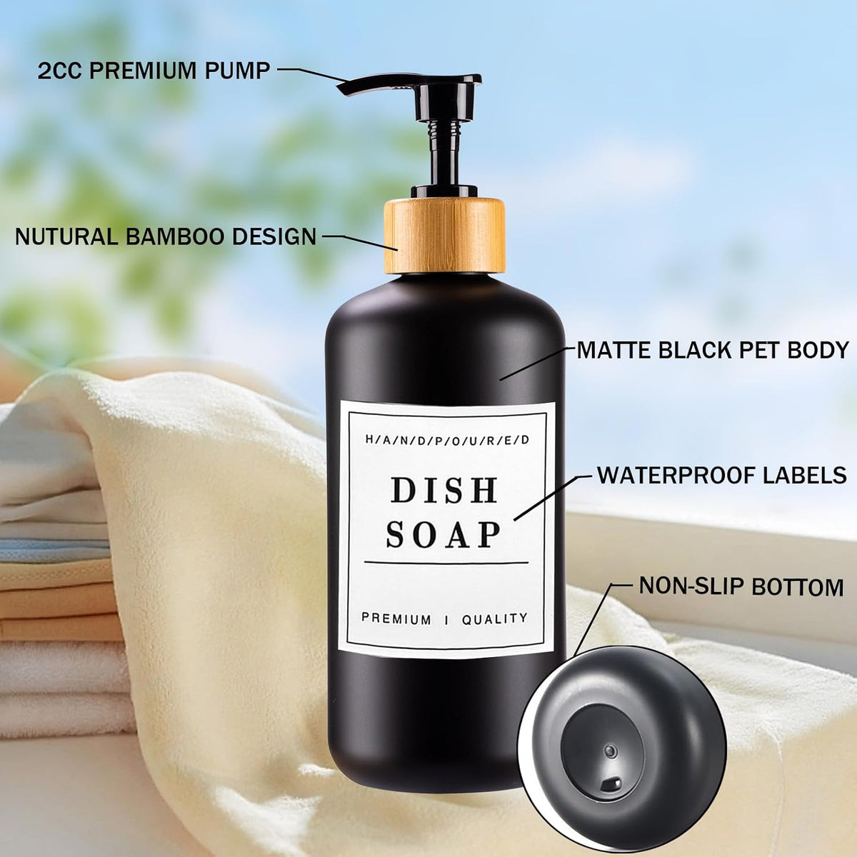 Black Soap Dispenser Set 16oz Plastic Soap Dispenser with Bamboo Pump Hand and Dish for Kitchen Refillable Soap Lotion Dispenser for Shampoo Conditioner Bathroom Kitchen Farmhouse