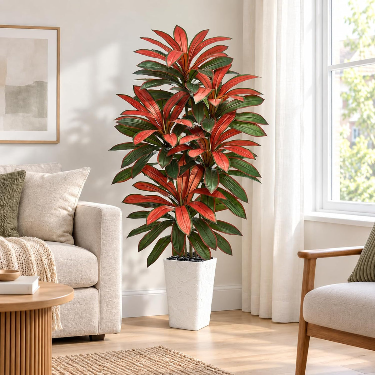 Artificial Dracaena Tree Red, 5FT Fake Plants White Planter