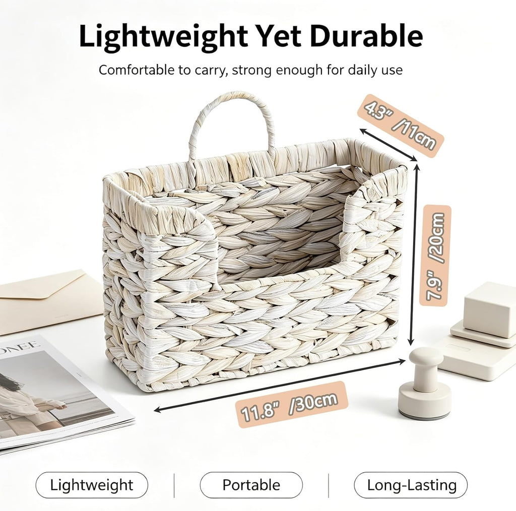 Hanging Magazine Basket, Woven Wall Magazine Holder Organizer with Handle for Mail, Files, Books - Water Hyacinth Farmhouse Storage Rack for Bathroom, Kitchen, Office (1, White)