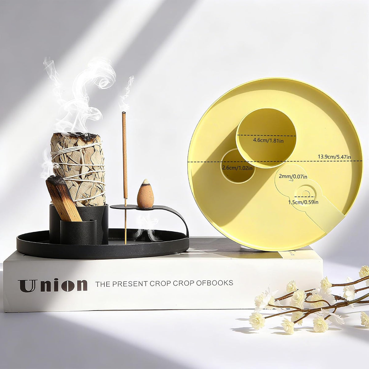 4 in 1 Incense Holder, Sage Burner Holder, Palo Santo Holder Burner, 5.47" Ash Catch Tray, Smudge Stick Holder with Handle for Incense Sticks Incense Cone, Yoga Meditation and Room Decor