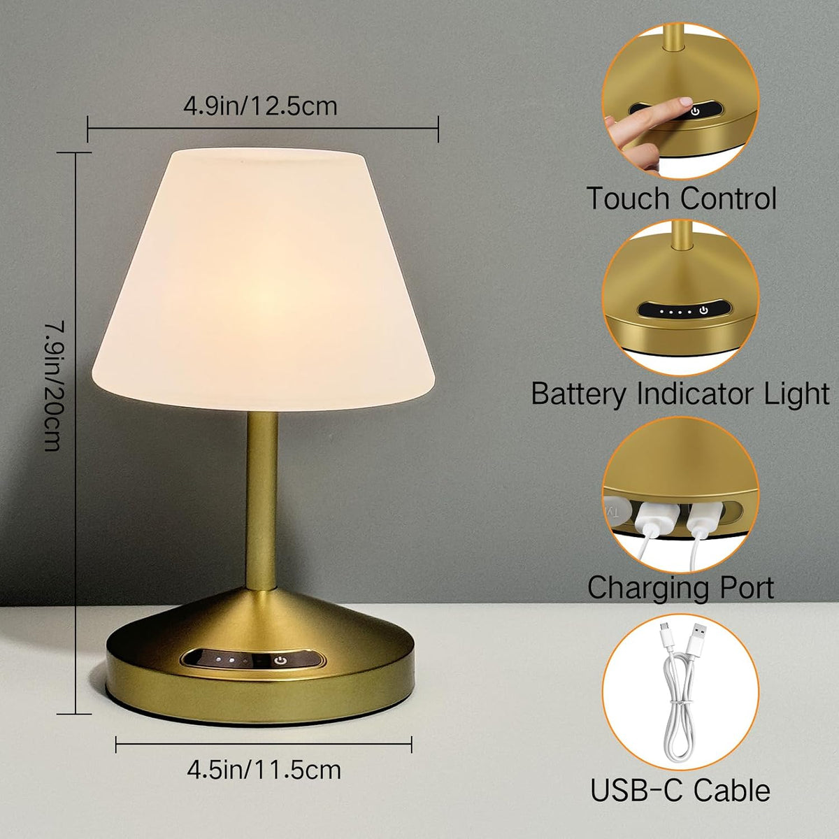 OUTON Rechargeable Cordless Waterproof Shower & Table Lamp with USB Output, Touch Dimming, 3 Colors, Power Indicator & Memory Function, LED Desk Lamp, Battery Operated Light for Indoor & Outdoor, Gold