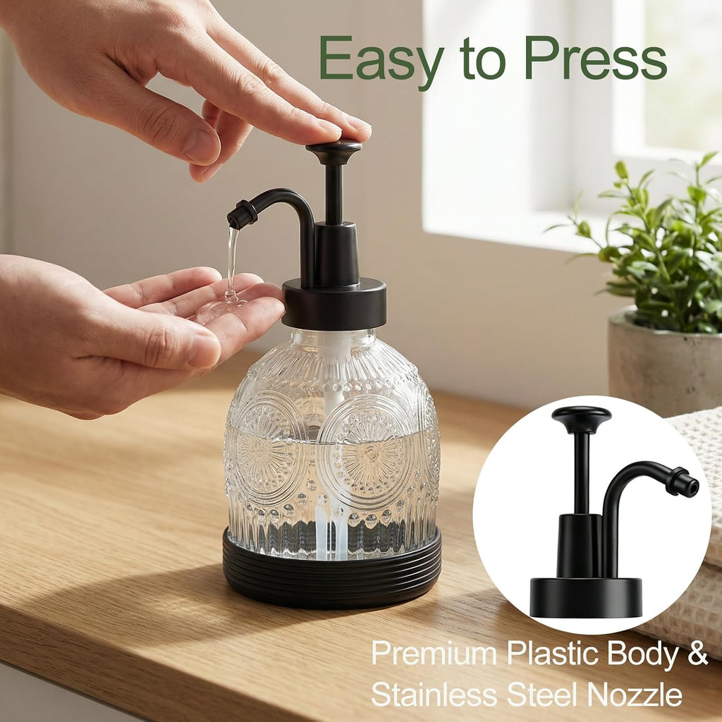 Glass Hand and Dish Soap Dispenser Set, Vintage Farmhouse Refillable Soap Dispenser with Black Pump & Non-Slip Mat, for Bathroom Kitchen Shampoo Lotion, Rustic Antique Decor (2 PCS, White)