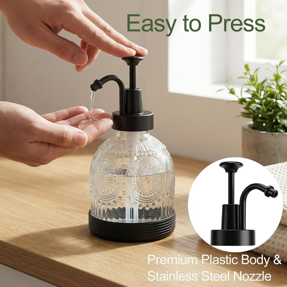 Glass Hand and Dish Soap Dispenser Set, Vintage Farmhouse Refillable Soap Dispenser with Black Pump & Non-Slip Mat, for Bathroom Kitchen Shampoo Lotion, Rustic Antique Decor (2 PCS, White)