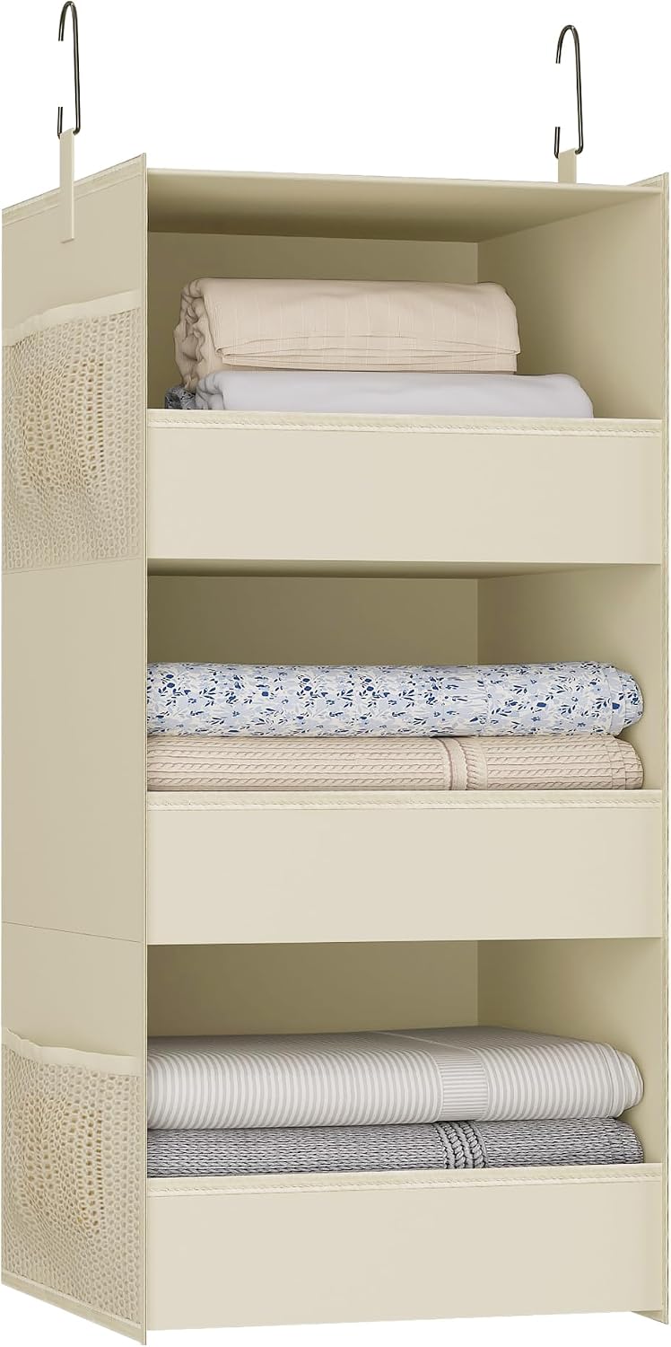 3-Shelf Hanging Closet Organizer, Washable Foldable Storage Shelves, Beige