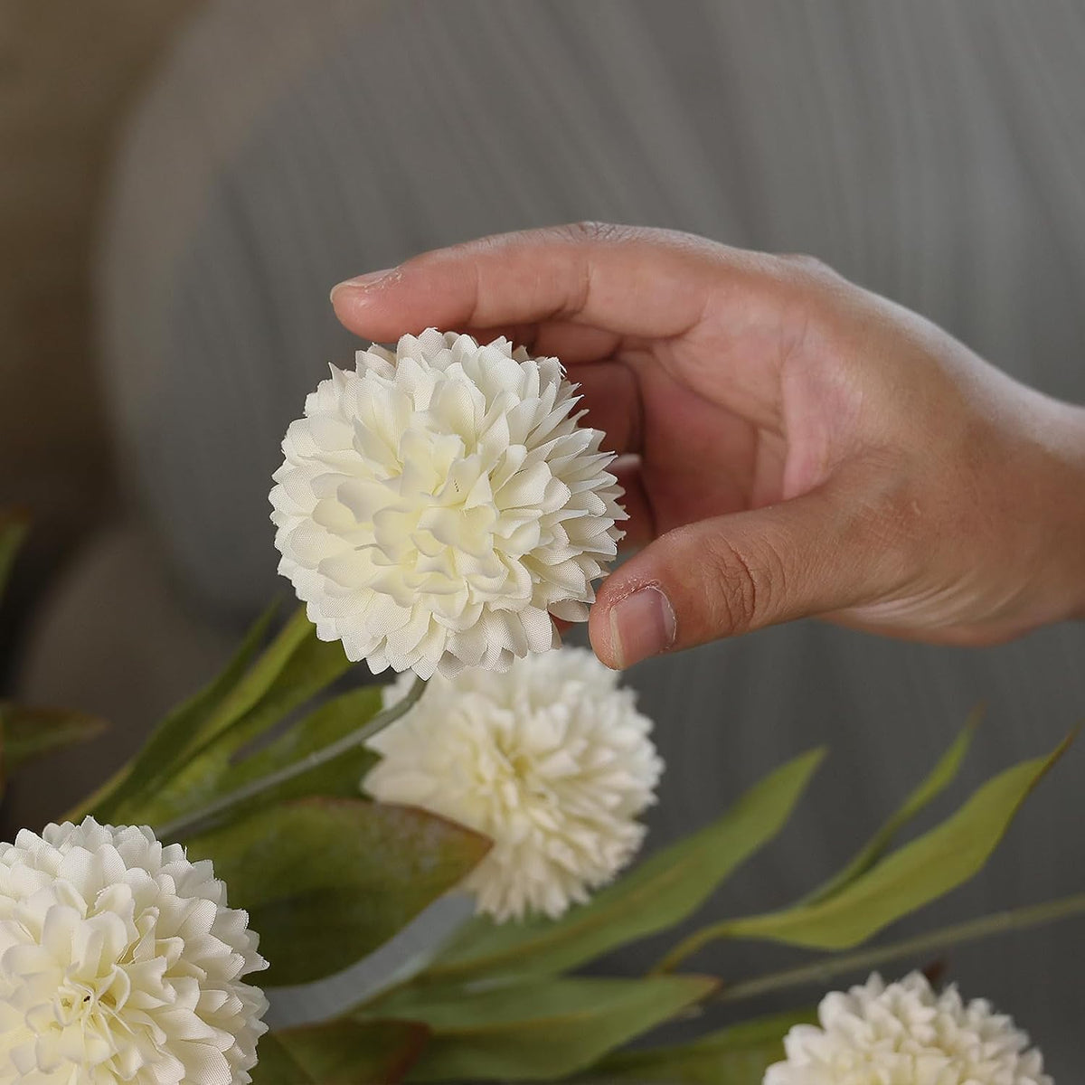 VIERENA 12 Pcs 27" Artificial Pompon Mum Silk Flower Stems for Vase (Cream)