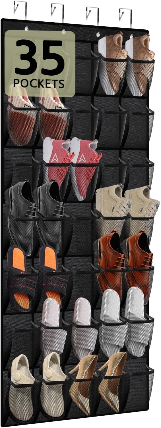 PAULONE 35 Pocket Over the Door Shoe Organizer,Reusable Breathable Large Mesh Bag Men's & Women's Sneaker Organizer,Shoe Organizer for Kids,Hanging Shoe Storage Hanging Bag (Black)