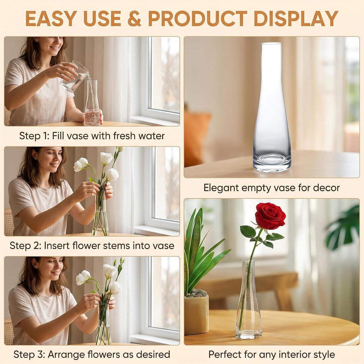 Erioctry Single Bud Vase Hand-Made Blown Art Bud Glass Vase Clear Glass Flower Vase Single Stem Vase Container for Home and Office Décor Centerpiece for Wedding Party Event