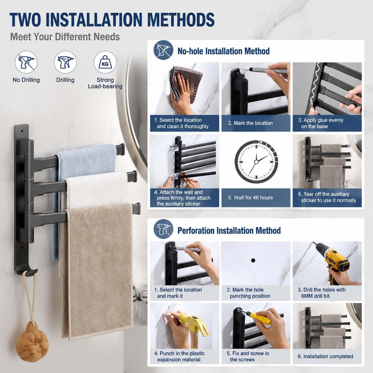 Wall Mounted Swivel Towel Rack No Drill for Bath Small Space Renters