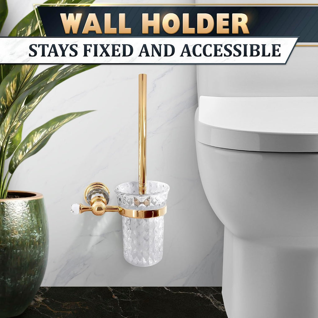 Gold Toilet Brush and Holder Set, Wall Mounted, Crystal Clear Glass Bowl