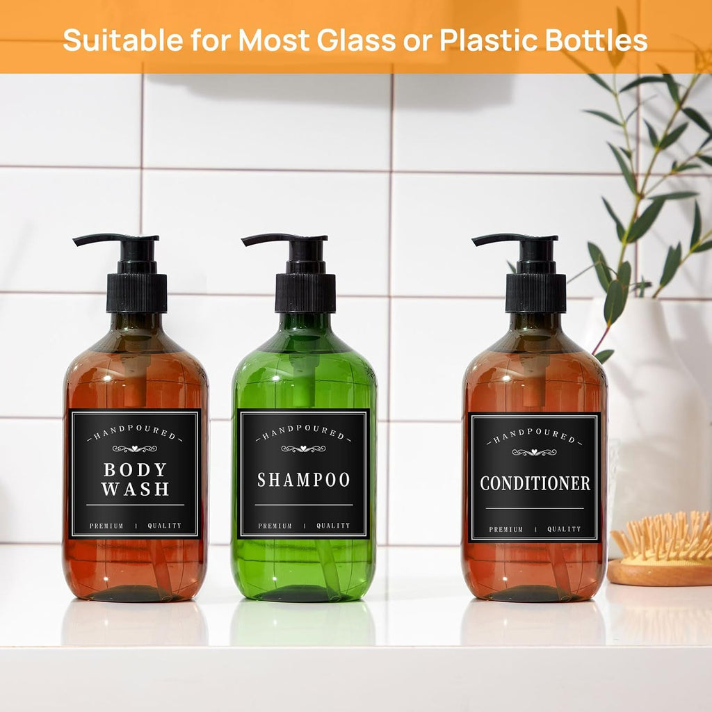 HVSWLY 12PCS Bathroom Labels for Soap Dispenser, Removable Bathroom Organization Labels, Waterproof Bottle Labels for Shampoo Conditioner Body Wash (Black) (Pack of 2)