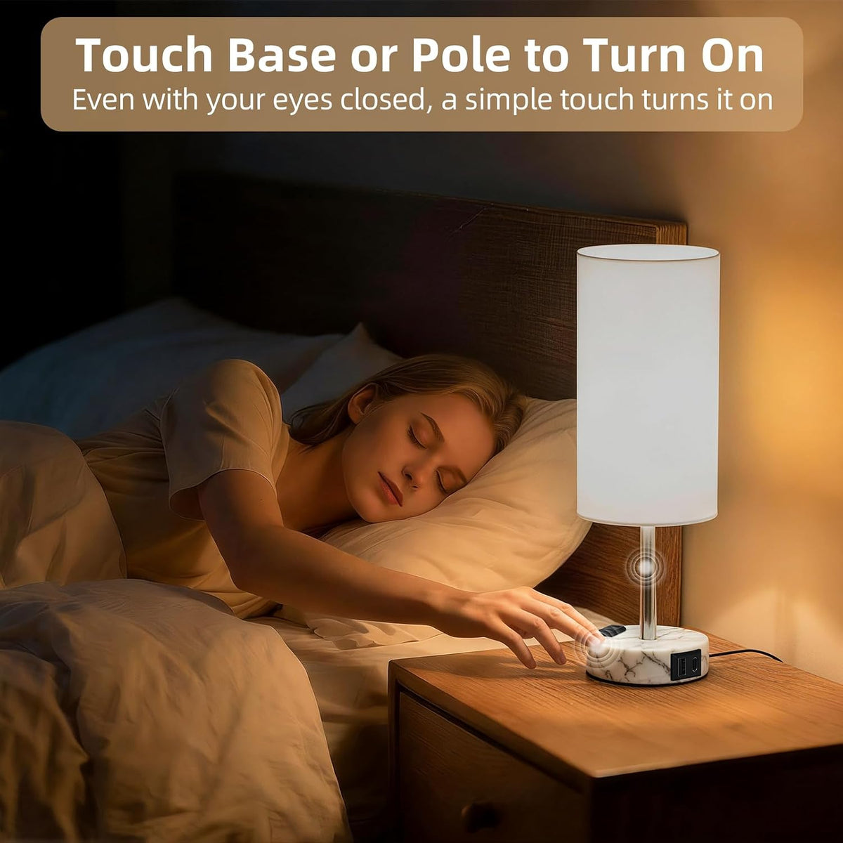Table Lamp, Dimmable Touch, AC Outlet, USB A+C (White&Marble)