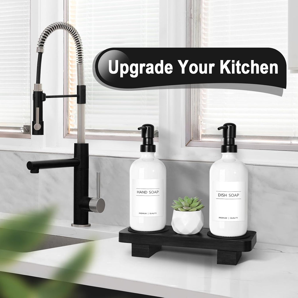 KASUNTING Hand Soap Dispenser for Kitchen, White Soap Dispensers with Stainless Steel Pump, Bathroom Soap Dispenser Set with Wood Riser Tray, Kitchen Dish Soap Dispensers Bathroom Decor(White)