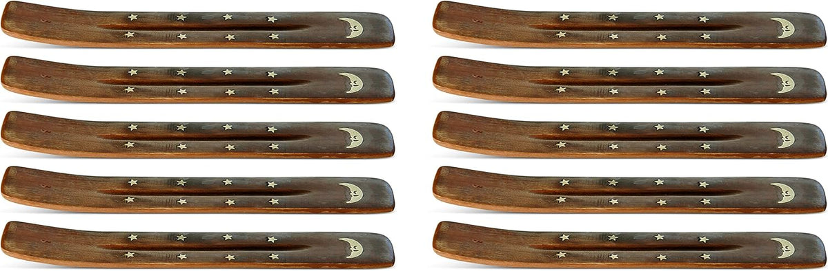 10 Pack Brass Moon Inlay Handmade Wooden Incense Stick Holders, Ash-Catchers