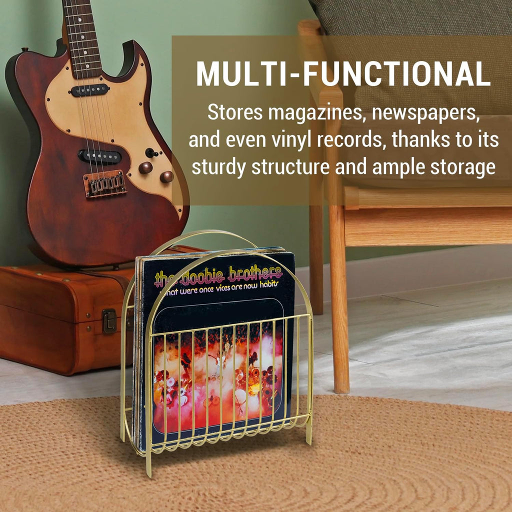 MyGift Deluxe Mid Century Brass Tone Metal Wire Magazine Holder Rack, Table or Floor Display Newspaper Stand Storage Sling for Magazines and Vinyl Record Albums